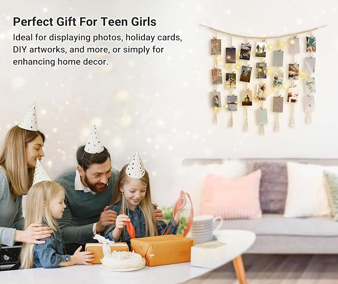 Mkono Hanging Photo Display, Boho Macrame Wall Decor with Lights, Ivory | 45 Clips, String Lights, Teen Girl Stuff Gifts, Wooden Beads Banner, Pictures Postcards Holder, Bedroom Living Room Dorm - Image 4