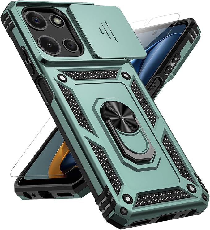 for Motorola Moto G 2025 / Moto G 2026 / Moto G Play 2026 Case, with Slide Camera Cover HD Screen Protector [Military Grade 16ft. Drop Tested] Ring Holder Kickstand Protective Phone Case, Dark Green by PUSHIMEI
