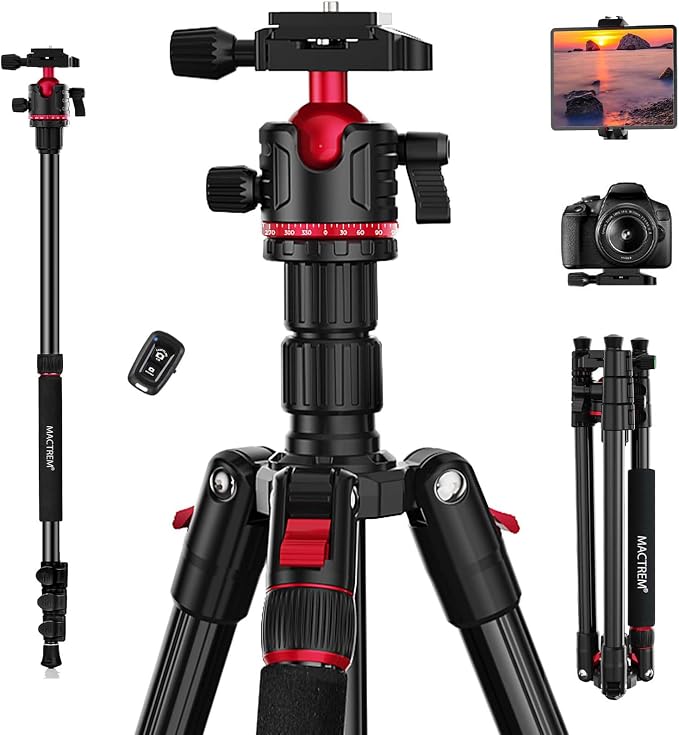 MACTREM Heavy Duty Aluminum Camera Tripod 67" Travel Monopod 360° Ball Head | Lightweight 2.6lb Load13lb Folds 16.5", Phone Holder 74" Height Monopod DSLR Smartphone Tablet Projector IPad Binoculars by MACTREM