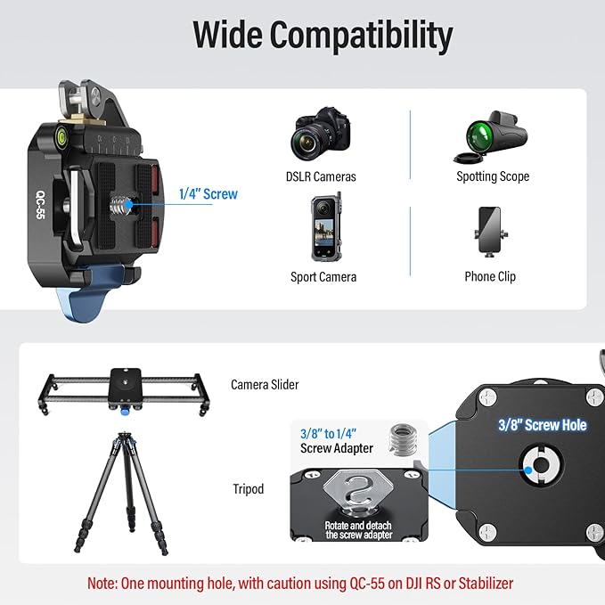 SIRUI QC-55 Quick Release Plate and Clamp, 55mm Camera Mount Adapter | 1/4" & 3/8" Threads, Tripod, Monopod, DSLR, Stabilizer, Quick Release Mount, Camera Rig Compatible - Image 7