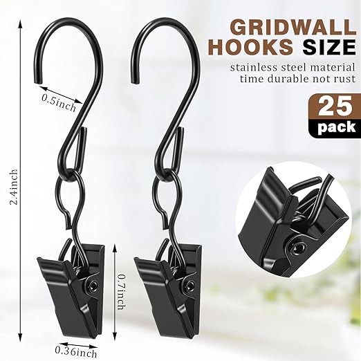 Frienda 25 Pcs Grid Wall Hooks Stainless Steel S Hooks Clips Gridwall Shelf Accessories for Hanging Outside String Lights Picture Photos Drying Clothes Garage Display Retail Art Craft (Black) - Image 2