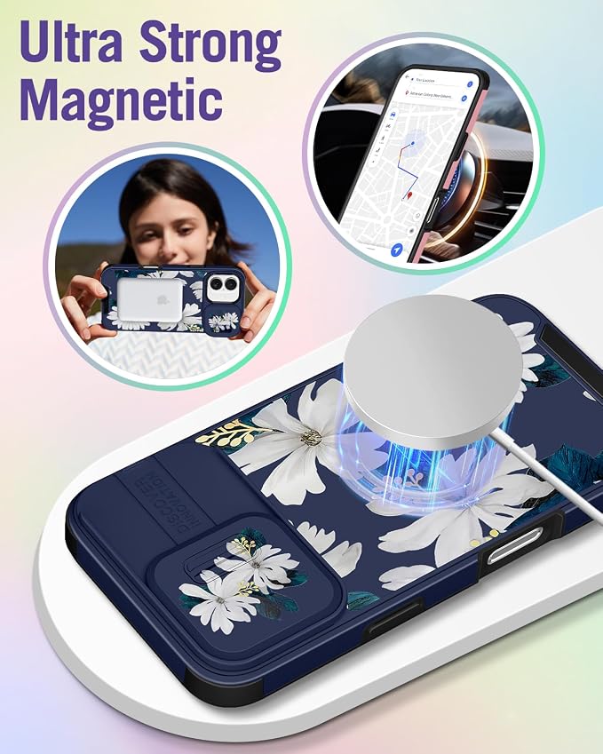Buleens for iPhone 17 Case 6.3 Inch - with Ring Stand & Camera Cover Aesthetic Cute Designed for Women Girls Kawaii Pretty Girly White Floral Phone Case for iPhone 17 Compatible with Magsafe - Image 4