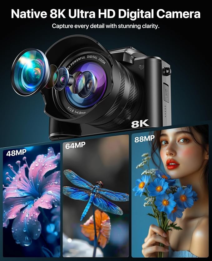 8K Digital Cameras for Photography, 2026 Autofocus 88MP WiFi Professional Photography Camera with Dual-Lens for YouTube, 16X Digital Zoom, TF Card, Lens Hood, Touch Screen,2 Batteries & Charging Stand - Image 3