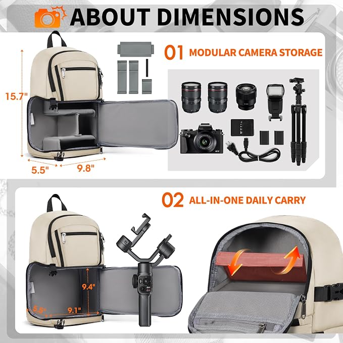 RAINSMORE Camera Sling Bag, Small Dslr/Mirrorless Camera Bag & Case | Waterproof Camera Bags for Photographers, with Removable Padded Insert & Tripod Holder, Compatible with Canon/Nikon/Sony/Fuji - Image 2