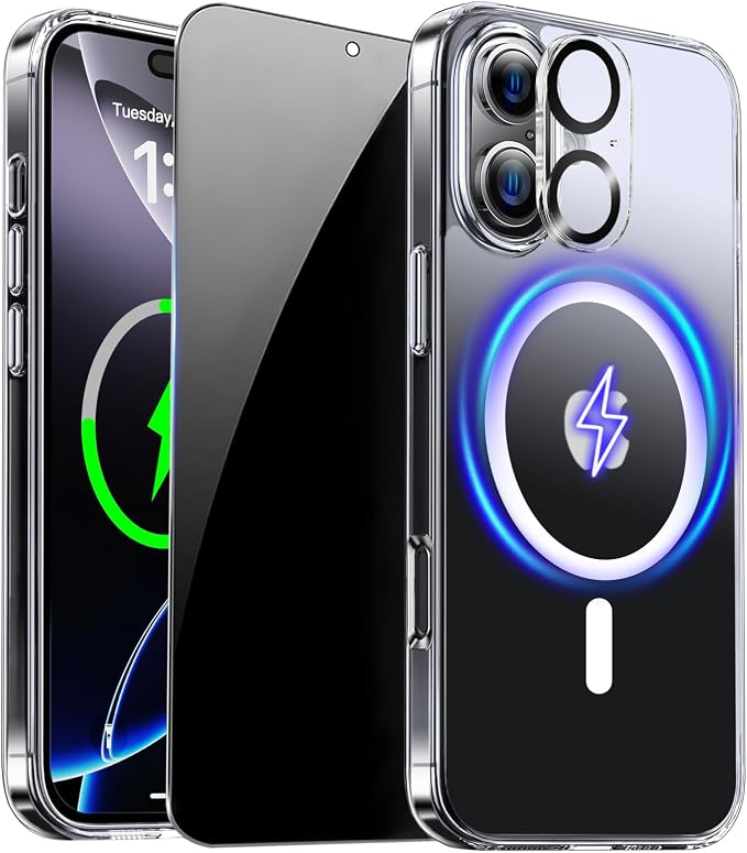 for iPhone 16 Plus Case Clear with Privacy Screen Protector | Full Camera Protection, Magnetic, Compatible with MagSafe, Shockproof Phone Cover for iPhone 16Plus Transparent by ZOZDOKG