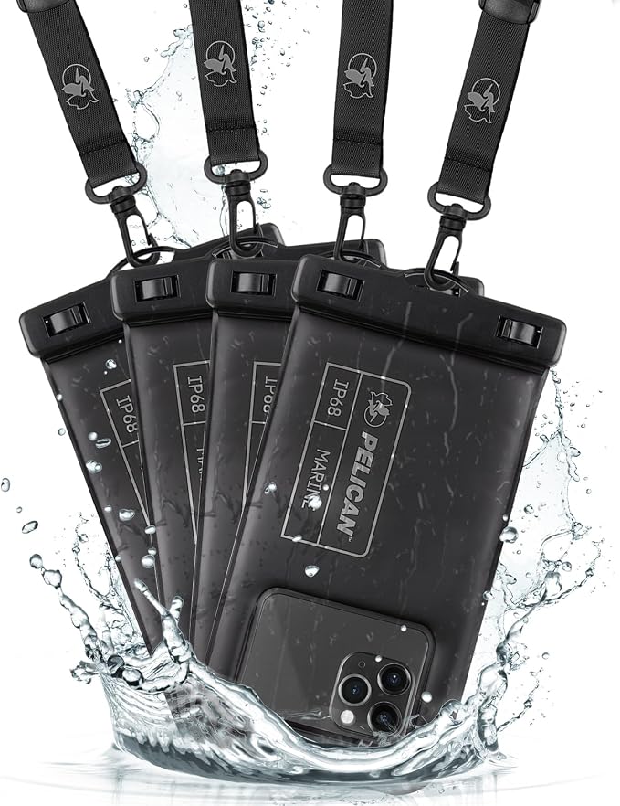 Pelican 4 Pack Marine Waterproof Phone Pouch (Regular) - Stealth Black | Touchscreen IP68 Floating Waterproof Phone Case w/Detachable Lanyard - Fits All Phones - Beach Cruise Ship Travel Essentials by Pelican