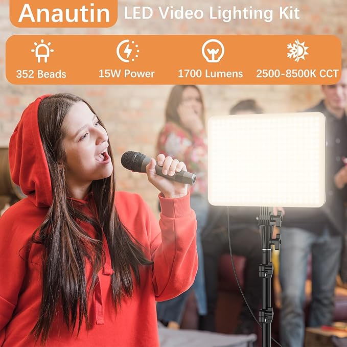 1-Pack LED Video Lighting Kit, Anautin 15W/1700Lux Photography Lighting with Tripod Stand, 2500-8500K Dimmable Streaming Light for Video Recording, Gaming, Podcast, Barber, Salon, TikTok, YouTube - Image 2