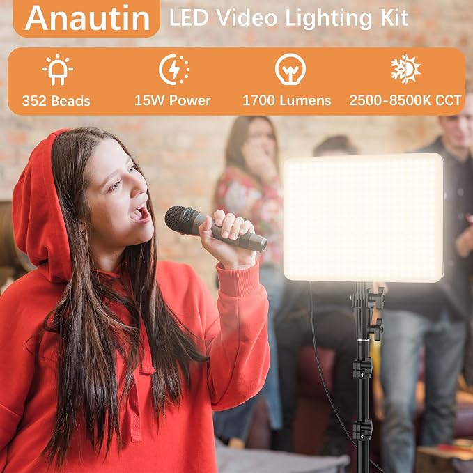 2-Pack LED Video Lighting Kit, Anautin 15W/1700Lux Photography Lighting with Tripod Stand, 2500-8500K Dimmable Streaming Light for Video Recording, Gaming, Podcast, Barber, Salon, TikTok, YouTube - Image 2