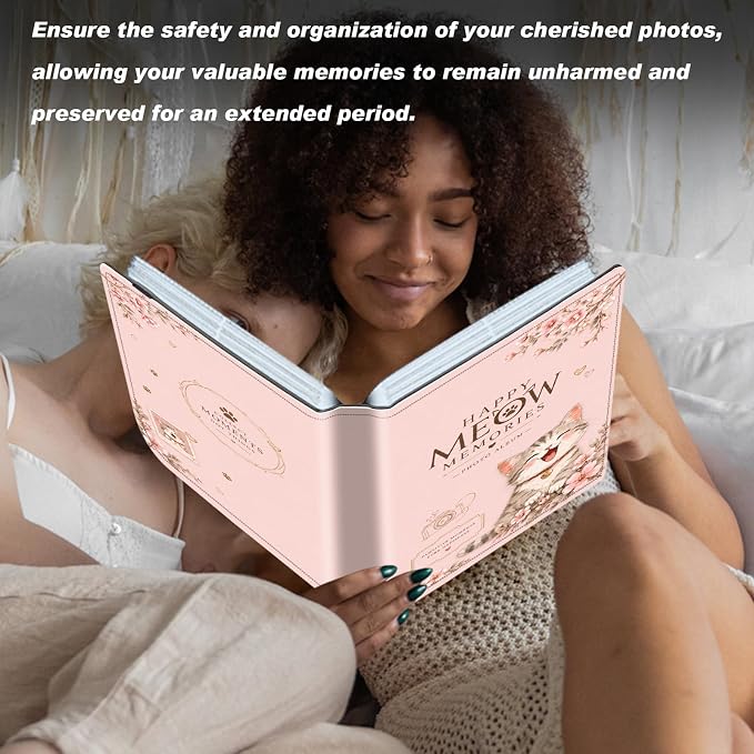 DEGDFSGR 5x7 Small Photo Album, 60 Pockets Holds 120 Photos | Slip-in pockets, black elastic band, portable for family, wedding, baby, travel photos, Pastel Pink Cherry Blossom Cat - Image 7