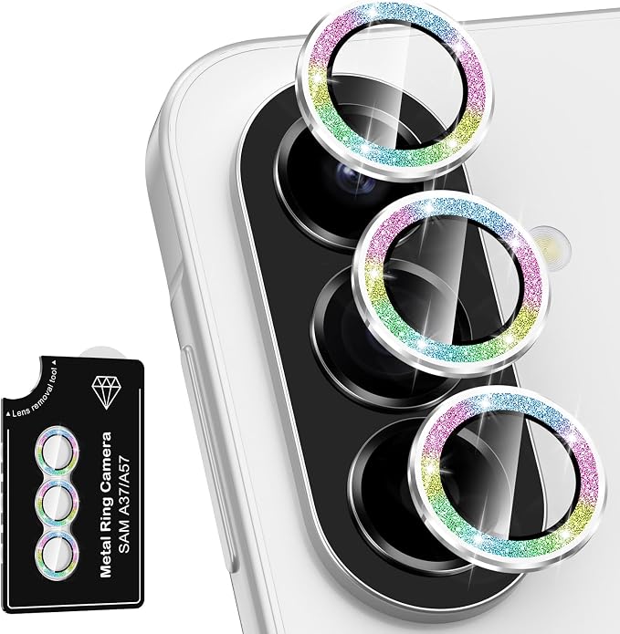 for Samsung Galaxy A37/A57 Camera Lens Protector, Individual Metal Ring Tempered Glass Lens Cover, [Strong Adsorption] Scratch Resistant Ultra-Thin HD Clear Lens Cover, 1 Set-Colorful Sparkly by Btscase