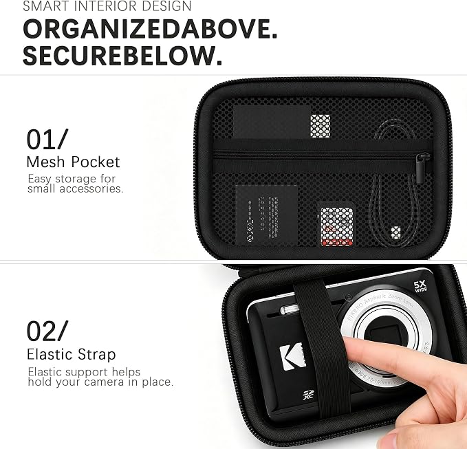 Camera Carrying Case for KODAK PIXPRO FZ55/ FZ45 Digital Camera | Camera Storage Case. Hard Protective Bag With Mesh Pocket Fits Batteries Cable Memory Card Card Reader, Black+ Black - Image 5