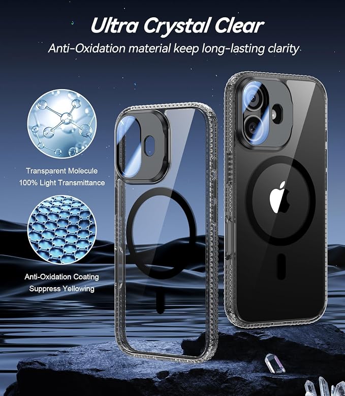 VOFATA [Upgraded] for iPhone 16 Case with Camera Cover Stand [Fit for MagSafe][9H Camera Lens Protector] Mil-Grade Protection Transparent Magnetic iPhone 16 Phone Case, Clear Black - Image 4