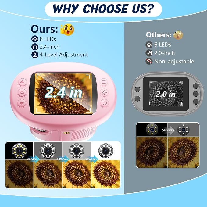 Odatay 4K 1000X Digital Microscope for Kids with Long Distance Viewing & 2.4" Screen, Portable Handheld Edu Toys for Kids Exploring Bugs Plants at Home Classroom & Outdoor Travel, Bright Pink - Image 2