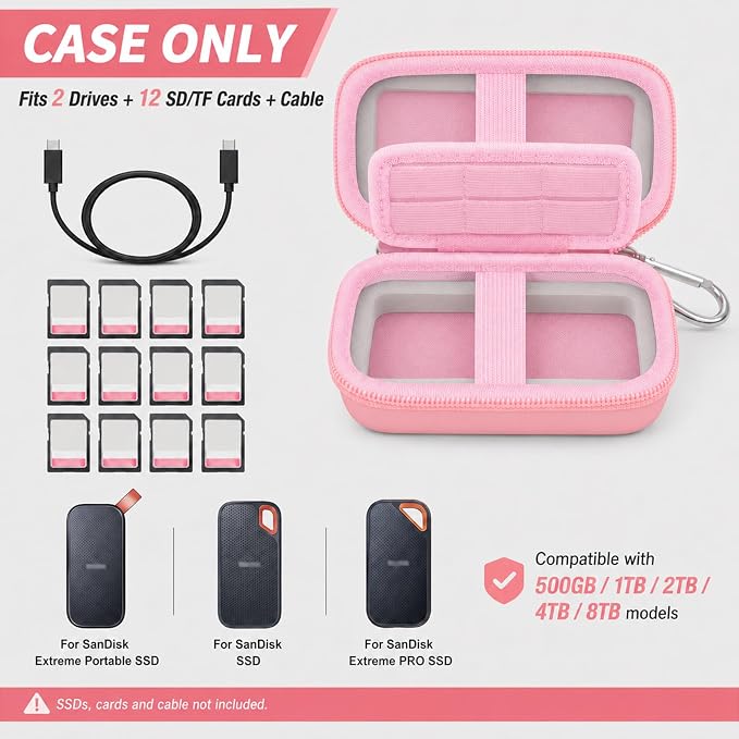 Comecase Dual SSD Case for SanDisk Extreme Portable SSD and Extreme PRO | Holds 2 Drives & 12 SD Cards, Elastic Strap Fit 500GB/1TB/2TB/4TB/8TB, Cable Groove & Carabiner for Travel, Pink, Box Only - Image 2