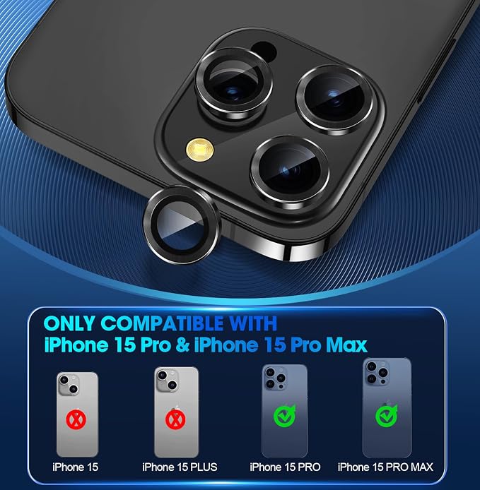 for iPhone 15 Pro/15 Pro Max Camera Lens Protector Cover, Black | Individual Metal, 9H Hardness, Scratch Resistant, Shockproof, Drop Protection, Case Friendly, Stylish Accessories - Image 2