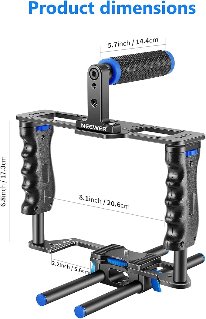 NEEWER Camera Video Cage Film Movie Making Kit, Aluminum Alloy with Top Handle, Dual Hand Grip, Two 15mm Rods, Compatible with Canon Sony Fujifilm Nikon DSLR Camera and Camcorder (Black + Blue) - Image 5