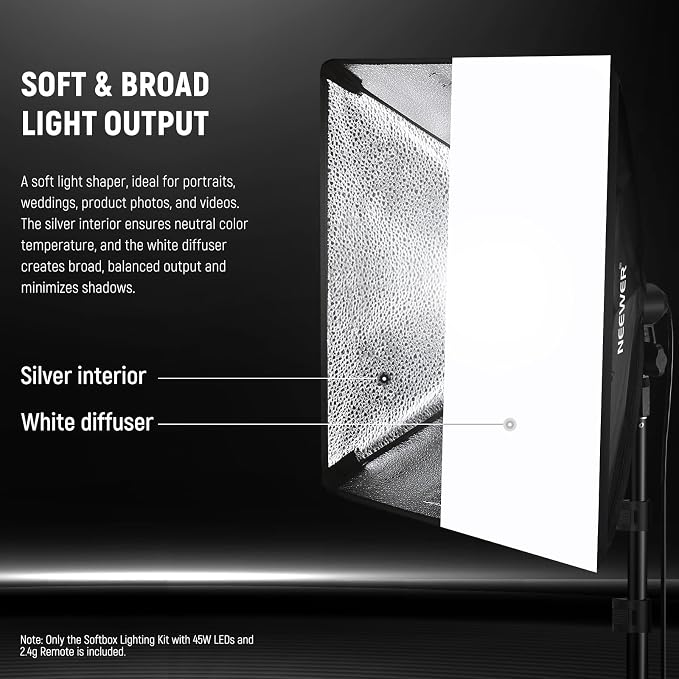 NEEWER 2Pcs 24"x24" 900W Equivalent Softbox Lighting Kit with Tripod Stands, 45W Bi Color 2.4G LED Bulbs, Remote, 10 Channels 2900K-7000K 1400lx/m CRI95, Photography Continuous Lighting Kit, NK103 - Image 3