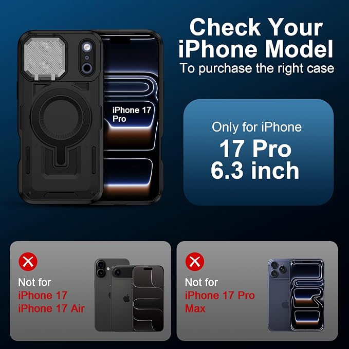 iPhone 17 Pro Case with Camera Cover, Magnetic Case with Camera Lens Protector Phone Cover Grip Stand MagSafe for iPhone 17 Pro Military-Grade Shockproof CASE Kickstand for iPhone 17 Pro, 6.3 inch - Image 2