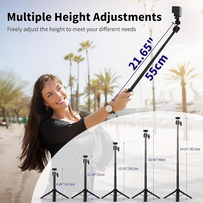 Mini Tripod for Camera, 24.61"/62.5cm Tripod Selfie Stick with 5 Levels Adjustment 360° Ball Head 1/4" Screw Desktop for DJI Osmo Pocket3 Vlog Handle Grip Insta360 Action 5 Pro/4/3 Camera - Image 2