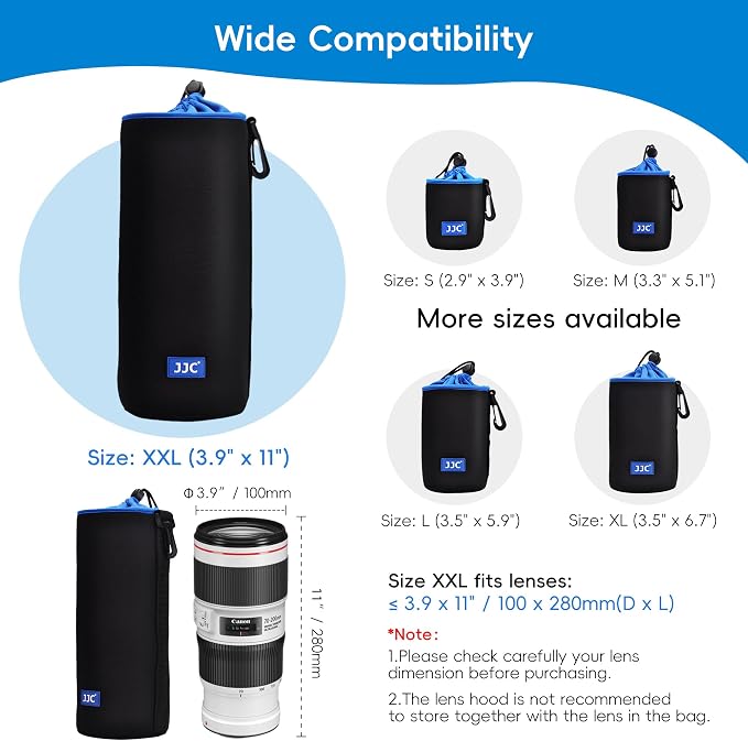 JJC Neoprene Camera Lens Pouch Case, Drawstring Bag for Lens up to 3.9x11" | Water-Resistant, Soft Padded, with Carabiner, Compatible with Canon EF 70-200mm, EF 100-400mm, EF 70-300mm AF-S 70-200mm - Image 3