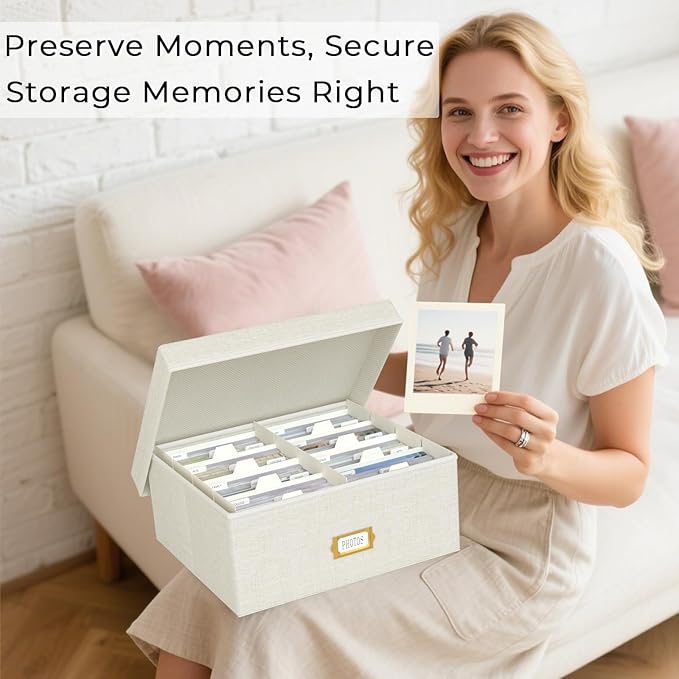 Decorative Photo Storage Box, 2 Pack Linen Photo Box Hold 1700 4x6 Pictures | Photo Storage Containers with 8 Dividers, Memory Keepsake Organizer for Photos, Scrapbook Supplies, Cards, Stamps, Beige - Image 5