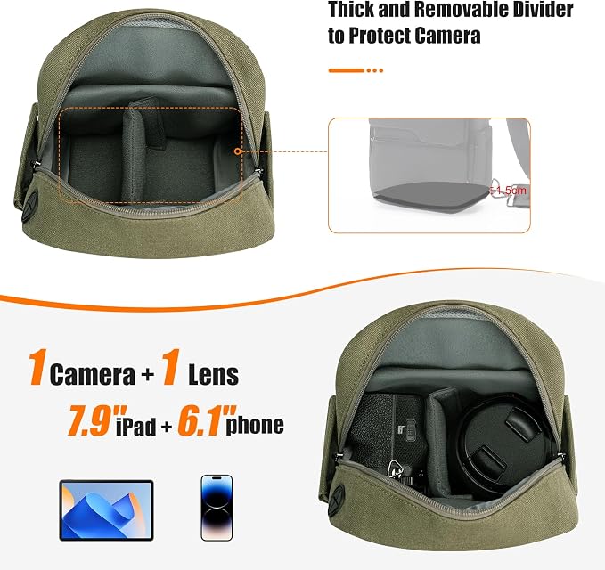 Cwatcun Sling Camera Bag Canvas, Compact Crossbody Case with Rain Cover | Fits 1DSLR+1lens +7.9"iPad +6.1"phone. Travel Photography Bag for Canon, Nikon, Sony, Fuji DSLR/SLR/Mirrorless Cameras, Lens - Image 3