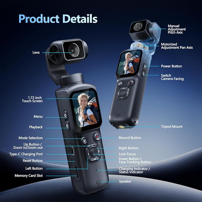 4K Vlogging Camera, Pocket Digital Camera, 330° Rotating Lens | Auto subject framing and WiFi sharing for YouTube, TikTok and travel, includes 16GB card, mini tripod and carrying bag - Image 8