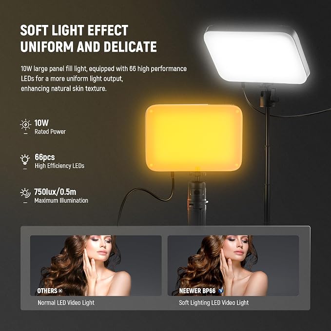 NEEWER BASICS 2 Pack LED Video Panel Light, Video Conference Lighting Kit with Desktop Tripod Stands/Filters for Webcam Desk Computer Laptop Zoom Call Makeup Recording Selfie Streaming, Dimmable, BP66 | Kit w Desktop Tripod Stands, Filters, for Webcam ... - Image 3