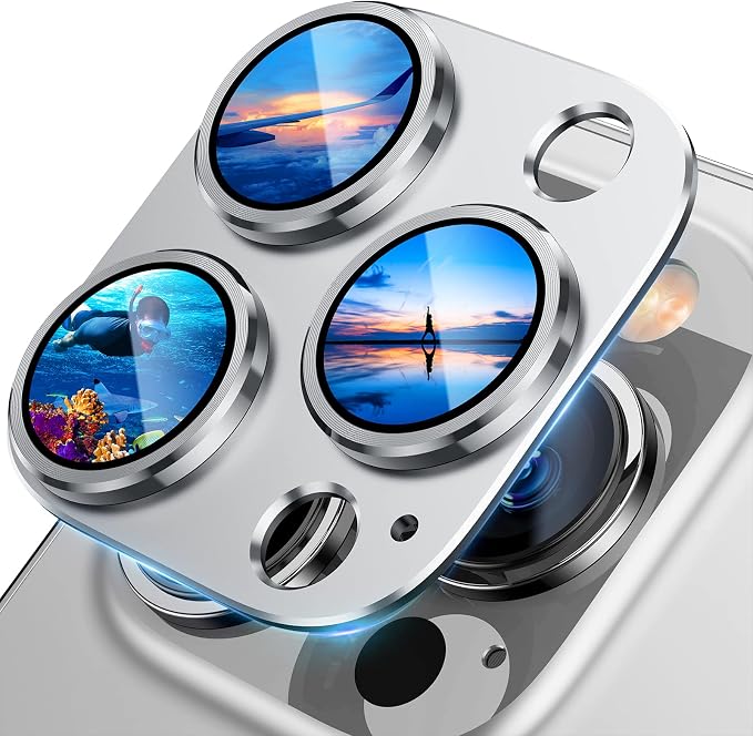UniqueMe for iPhone 13 Pro/iPhone 13 Pro Max Camera Lens Protector - Silver | Strong Drop Protection, Not Easy to Fall-off, Metal Ring, Tempered Glass, Rear Camera Screen Cover by UniqueMe