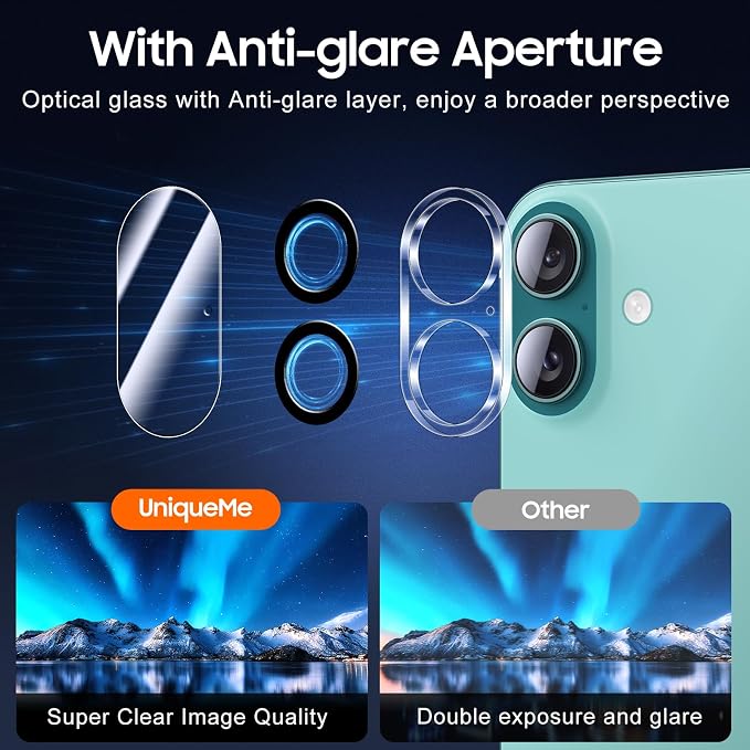 UniqueMe for 3 Pack iPhone 16/16 Plus/iPhone 17 Camera Lens Protector | Drop Protection, Case Friendly, 9H Tempered Glass, Camera Cover Screen, Update New Version - Image 3
