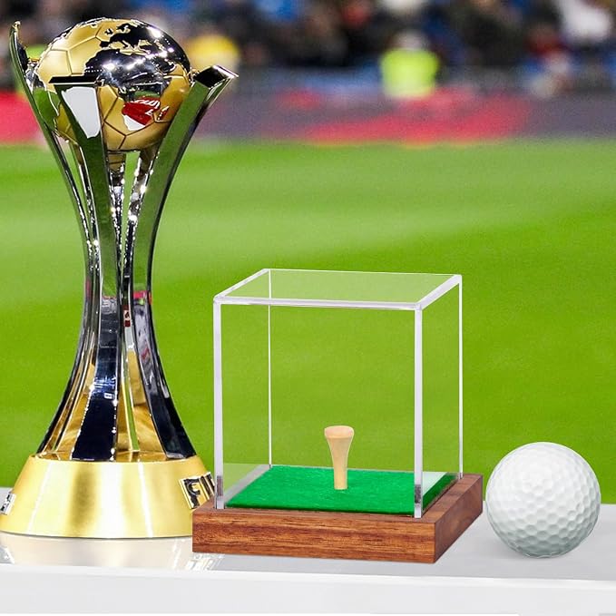 Clear Acrylic Golf Ball Display Case with Wood Base & Tee, Memorabilia Stand Cube Holder, Dust Protection Transparent Storage Box for Single Ball Souvenir Golfball Collections - Image 3