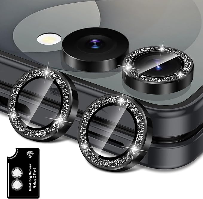 for Samsung Galaxy Z Flip 8 Camera Lens Protector, Individual Metal Ring Tempered Glass Lens Cover, [Strong Adsorption] Scratch Resistant Ultra-Thin HD Clear Lens Cover, 1 Set-Black Sparkly by Btscase
