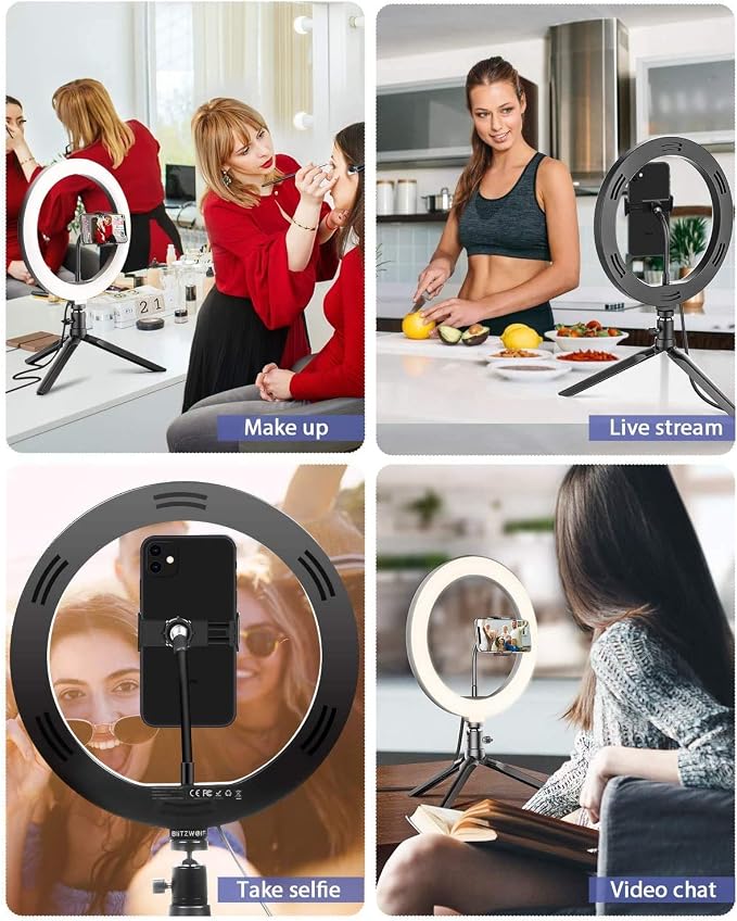Ring Light with Stand OEBLD Dimmable Desk Selfie Ring Light with Phone Holder for Video Photography Remote Control for Makeup Live Streaming YouTube Lighting (D(10.2''Ring Light & Tripod)) - Image 6