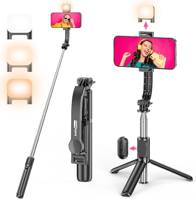 Selfie Stick Tripod with Fill Light, All in One Extendable Selfie Stick with Detachable Wireless Remote, Flexible Phone Tripod Stand Compatible with iPhone/Galaxy, Compact Size & Lightweight by SelfieShow