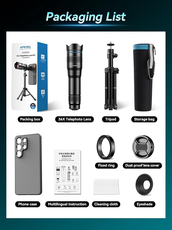 APEXEL 36x Telephoto Lens Compatible with Samsung Galaxy S26 Ultra | Photography for Travel, Birdwatching, Exploration | Kit with Sturdy Metal Tripod and Threaded Phone Case - Image 7