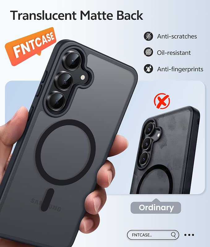 FNTCASE for Samsung Galaxy S25 FE Case, Fit for Magsafe, Screen Protector | Translucent Matte Magnetic Back, 14FT Military Grade Drop Protection, Slim Shockproof Protective Phone Cover, Black - Image 6