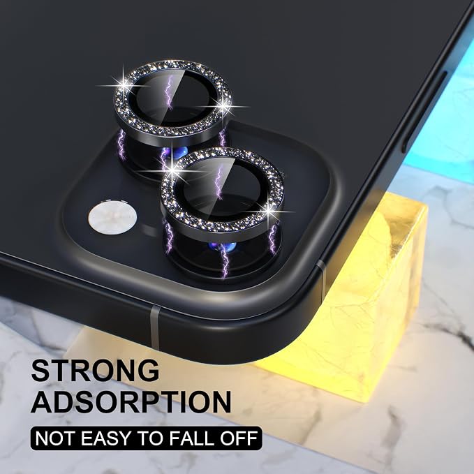 Choiche for iPhone 15/15 Plus Camera Lens Protector Bling, Glitter-Black | Ultra HD, 9H Tempered Glass Camera Cover Screen Protector Metal Individual Ring Decoration Accessories, 2-Lens, 6.1/6.7-inch - Image 6