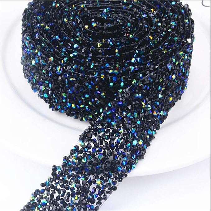 EORTA 1Yard X 3CM Rhinestone Beaded Trim Sparkling Crystal Rhinestone Hotfix Ribbon Iron on Applique Bling Chain Banding Belt for DIY Wedding Bridal Dress Embellishment Phone Wall Decor, Black Blue - Image 3