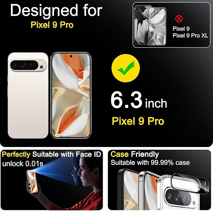 Ferilinso Privacy Screen Protector for Google Pixel 9 Pro, Tempered Glass | 3 Pack, 9H+ Hardness, Military-Grade Shatterproof, Case Friendly, Easy Installation Bubble Free, with Camera Lens Protectors - Image 2