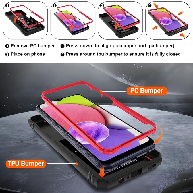 Gritup for Galaxy A03S Phone Case Military-Grade Shockproof with Kickstand | with 2 PCS Screen Protector, Slide Camera Cover, Heavy Duty Outdoor Protection Funda para Galaxy A03s Cover-Red+Black - Image 4