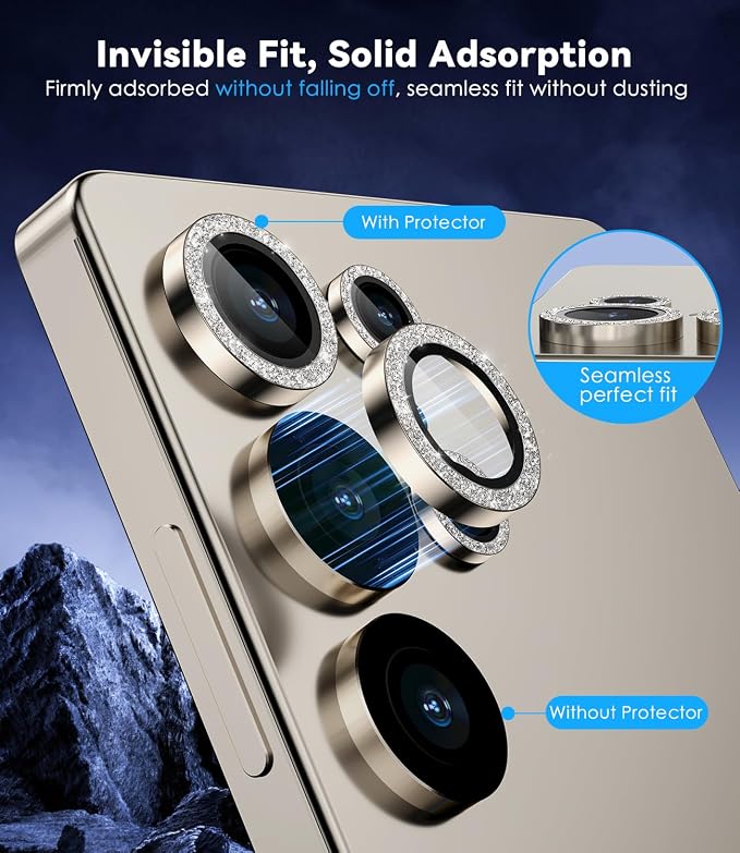CloudValley for Samsung Galaxy S25 Ultra Camera Lens Protector Bling | 9H Tempered Glass + Aluminum Alloy Lens Protective [Glitter Decoration] Ultra-HD Camera Cover,Glitter Titanium Gray - Image 4