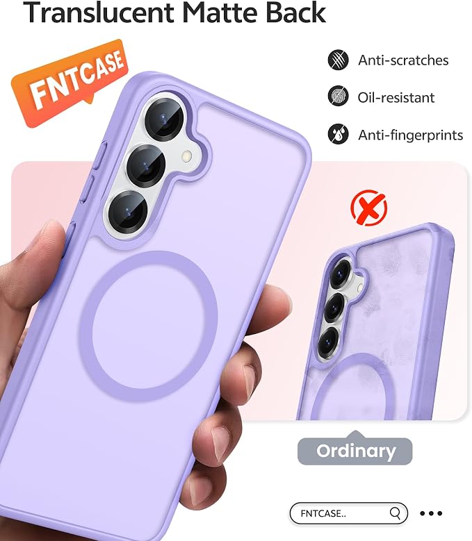 FNTCASE for Samsung Galaxy S25/S24 Case, Fit for Magsafe, Screen Protector | Translucent Matte Magnetic Back, 14FT Military Grade Drop Protection, Shockproof Protective Phone Cover, Light Purple - Image 6