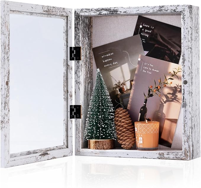 Muzilife 8x10 Shadow Box Picture Frame, 2.16 Deep, Real Glass, Rustic White | FSC-Wood, Magnetic Door, Linen Interior & Pins, Vertical, Horizontal Wall Hanging, Display Case Frame for Photos & Keepsakes by Muzilife