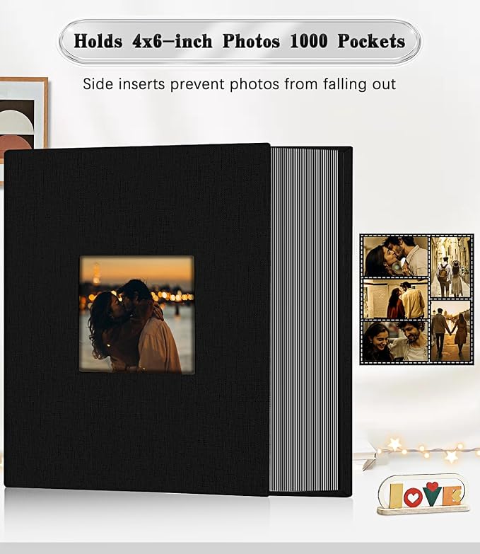 Ejblfe Photo Album 4x6,Linen Cover Slide-in Photo Album Book Can Holds 1000 4x6 Photos with 100 Black Sheets for Family,Wedding,Baby and Holiday Pictures (Black) - Image 3