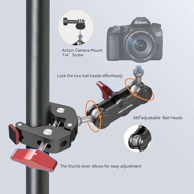 Camera Clamp Mount & 360°Ball Head Magic Arm with Adapter for Go pro, Aluminum Double Ball Head Adapters, Heavy Duty Super Clamp with 1/4"-20 & 3/8"-16 Thread -SJ008 - Image 2