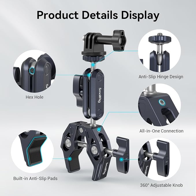 SMALLRIG Super Clamp Mount, Ballhead Magic Arm and Adapter for Gopro | Camera Monitor Mount with 1/4''-20, 3/8''-16 Threaded Holes, for Gopro / DSLR / Stabilizer - Image 4