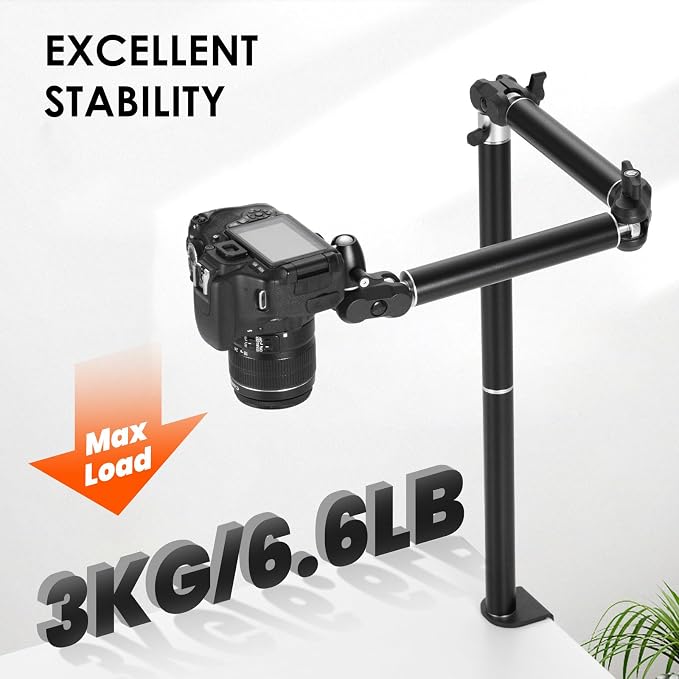 TARION Overhead Camera Desk Mount Articulated with Gear Joints TKA01-L | 6.6lbs Load, 3/8'' 1/4'' Screw, Flexible Detachable Ballhead, Supports Horizontal and Vertical Shooting, Live Streaming - Image 3