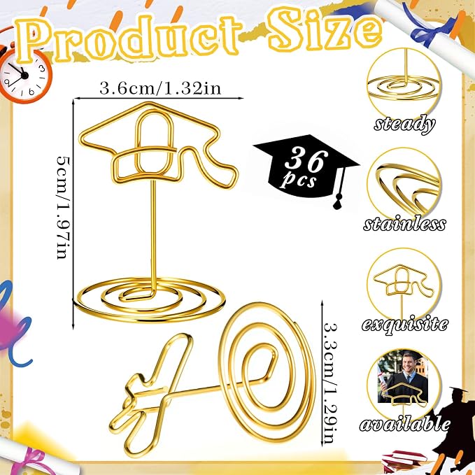 AmazingSpark 36 Pcs 2026 Graduation Gold Photo Holders for Table Centerpieces Metal Photo Holder Gold Picture Display Stands Menu Memo Clips for Graduation Party Table Decoration Supplies(Grad Cap) - Image 3