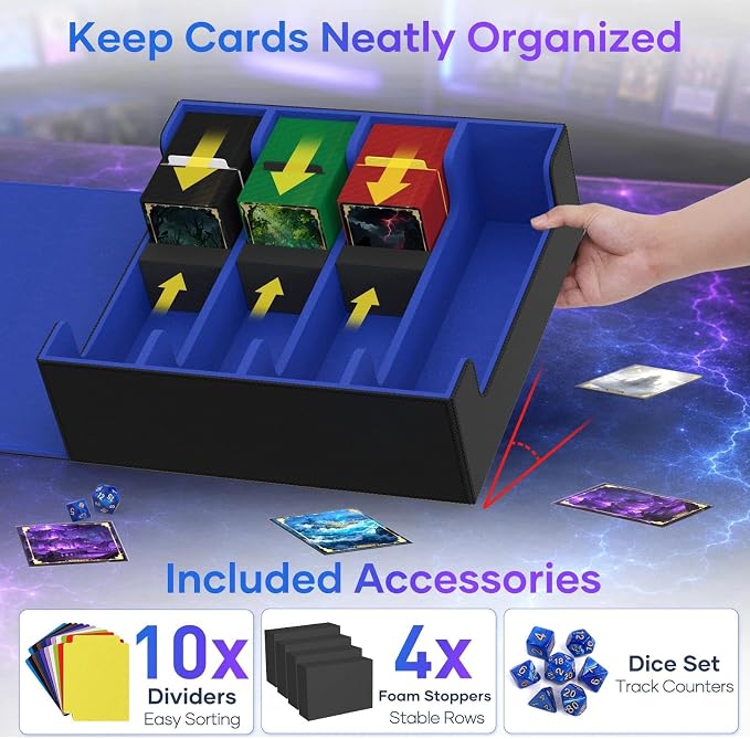 Mlikero Trading Card Storage Box, Bulk Card Storage for 2400+ Sleeved Cards, PU Leather Magnetic Closure Card Organizer with 10 Dividers & 4 Foam Stoppers, Fit for MTG, TCG and Sports Cards (Blue) - Image 4