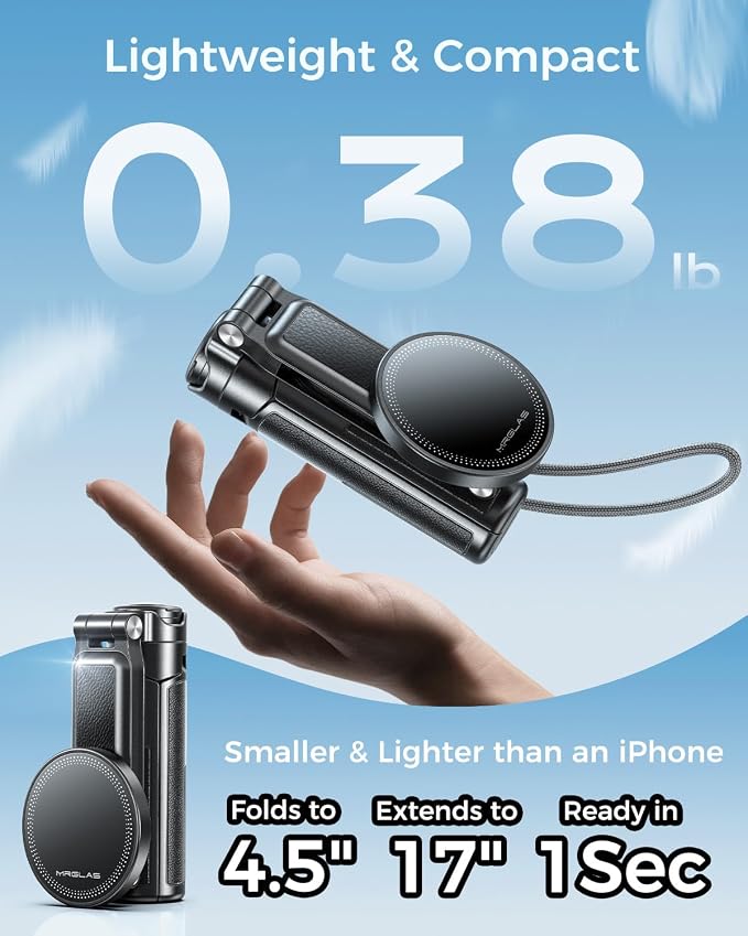 【Max 17"】 MRGLAS Magnetic Mini Tripod Selfie Stick for iPhone【4.5" Pocket】 | 【17" Max Extendable】4.5" Pocket Stand with Wireless Remote, Detachable Clamp, 360° Rotatable for MagSafe, 4-in-1 Mini Tripod - Image 3